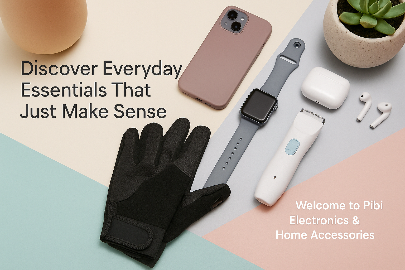 Flat-lay of pet grooming trimmer, smartwatch, phone accessories on pastel background – Pibi Electronics collection