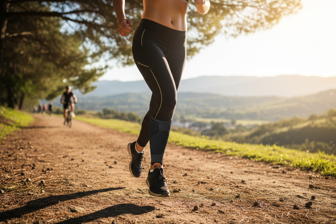 Runner wearing a breathable ankle sleeve during an outdoor run