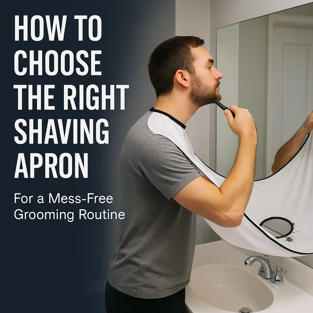 a man shaving over a bathroom sink while using a waterproof beard bib