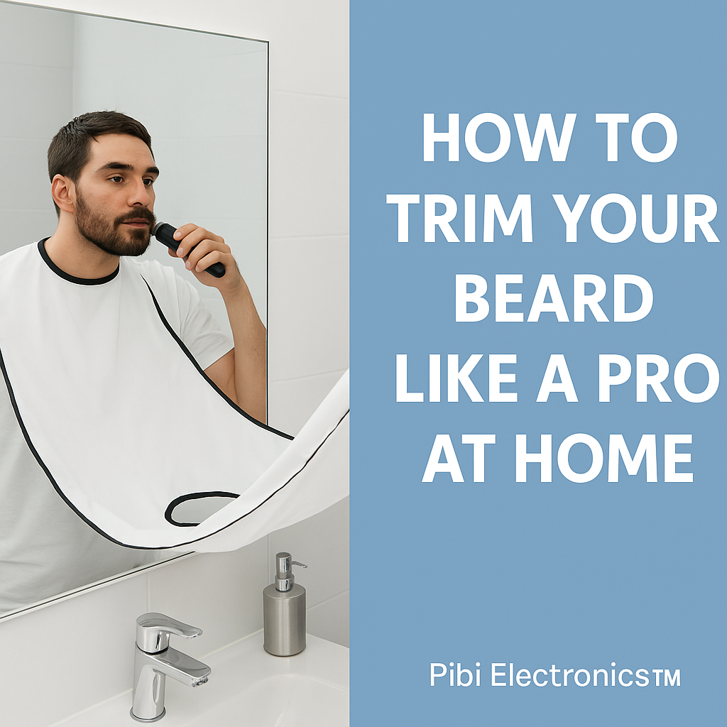 Man using beard trimming apron in front of bathroom mirror for mess-free grooming