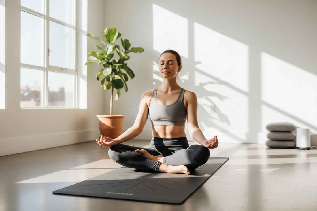 Person in a yoga pose on a premium non-slip mat in a bright home studio