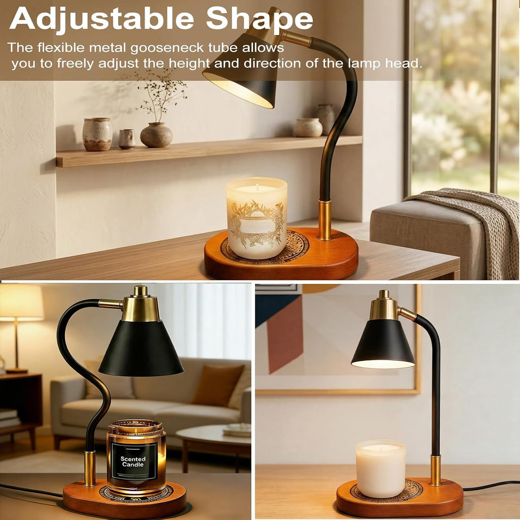 Black metal top-down candle warmer lamp on a wooden base