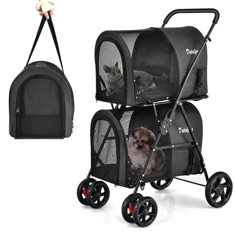 Double Pet Stroller with 2 Detachable Carriers | Foldable Frame