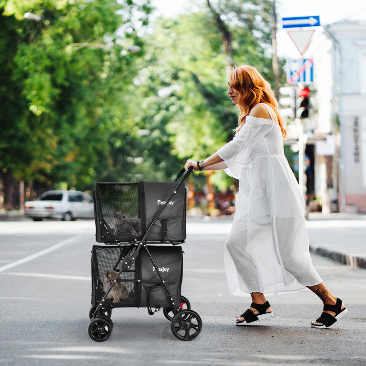Double Pet Stroller with 2 Detachable Carriers | Foldable Frame