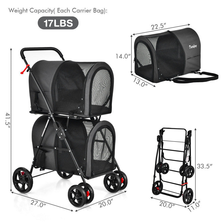 Double Pet Stroller with 2 Detachable Carriers | Foldable Frame