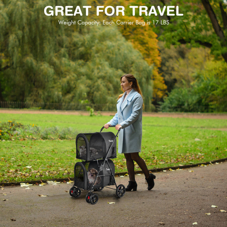 Double Pet Stroller with 2 Detachable Carriers | Foldable Frame