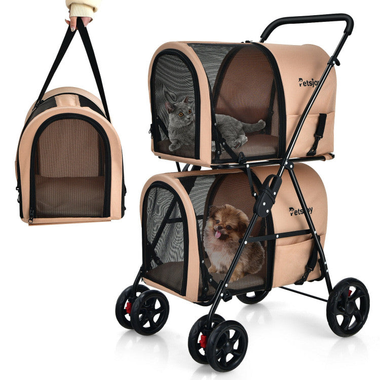 Double Pet Stroller with 2 Detachable Carriers | Foldable Frame