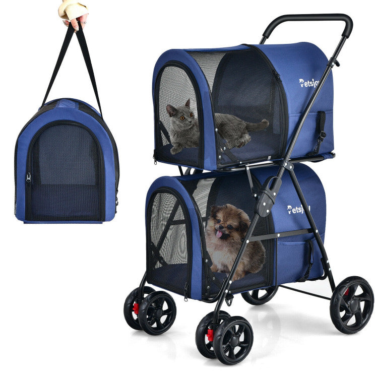 Double Pet Stroller with 2 Detachable Carriers | Foldable Frame