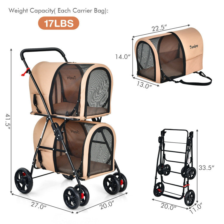Double Pet Stroller with 2 Detachable Carriers | Foldable Frame