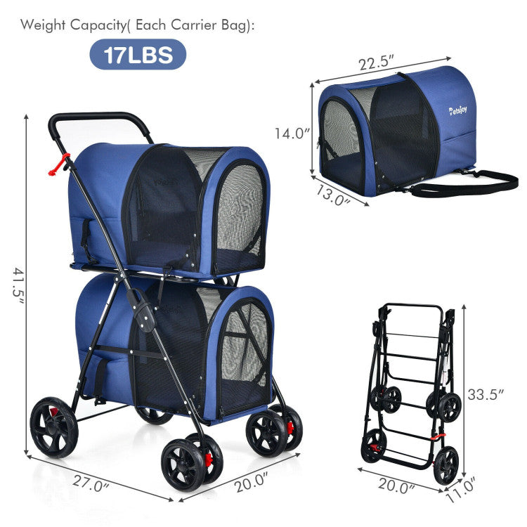 Double Pet Stroller with 2 Detachable Carriers | Foldable Frame