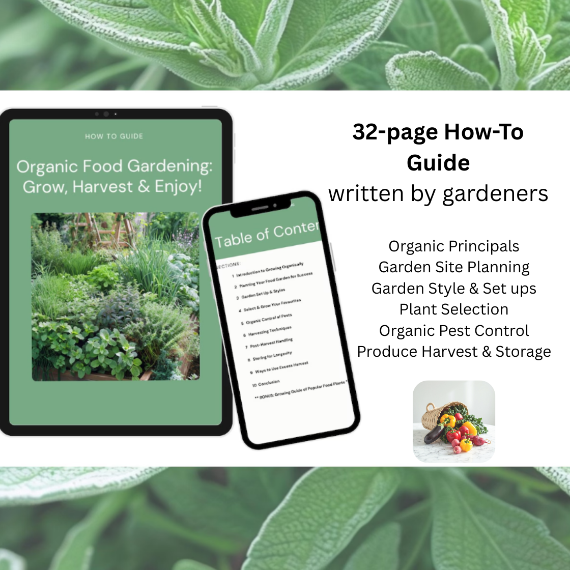 32-page Organic Food Gardening guide with tablet and smartphone on a green leafy background