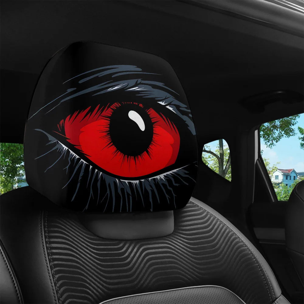 2 Pcs Red Devil'S Eye Car Headrest Covers - Red and Black Gothic Design, Washable, Suitable for General Motors Vehicles
