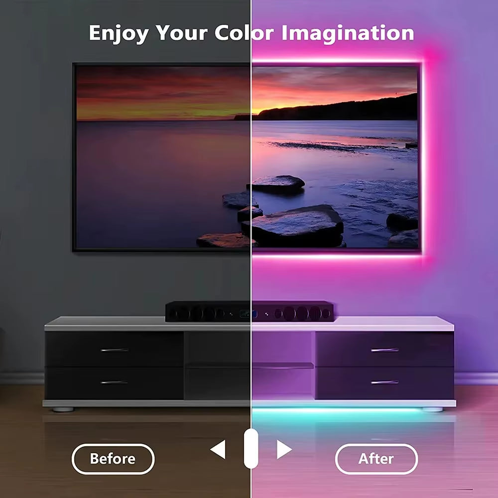 A split-screen comparison showing a framed wall art print in a room. The left side is labeled 'Before' and shows the artwork with muted, dimmer colors.