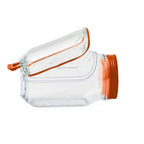 Clear glass container with orange accents on a white background
