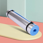 Roll of blue and white yoga mat on a colorful geometric background