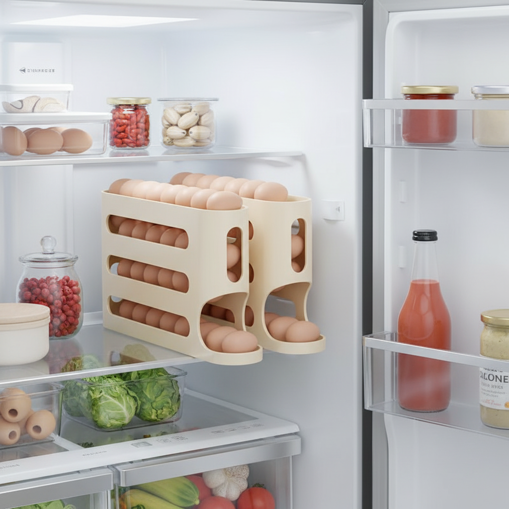 4-layer rolling egg dispenser in refrigerator