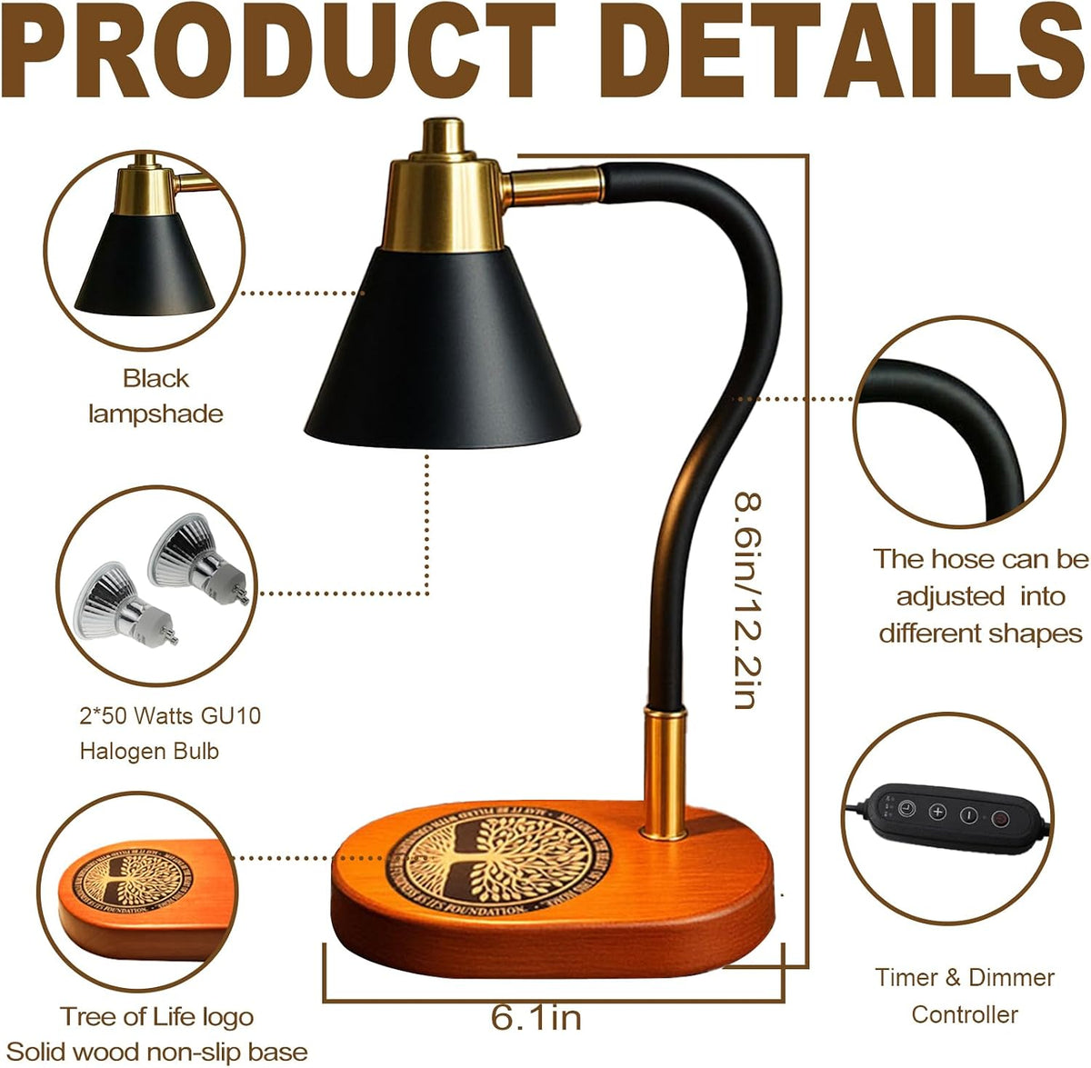 Candle Warmer Lamp with Timer, Black Metal Top down Candle Melter Lamp, Adjustable Heat Wax Lamp for Scented Candles, Wooden Base Top Heat Candle Warmer Lamp, Ideal Gift for Women Bedroom Home Decor