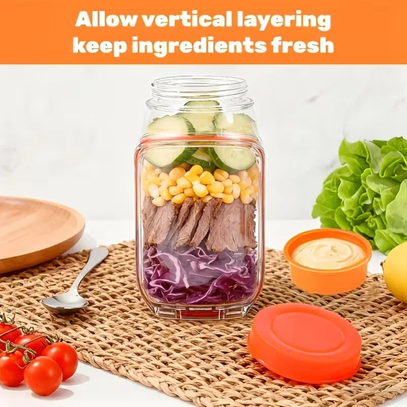 Glass jar with layered ingredients on a woven mat, surrounded by fresh vegetables and a wooden plate.
