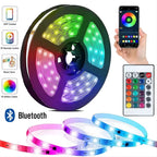 LED strip lights with Bluetooth control, app, remote, and color options displayed.