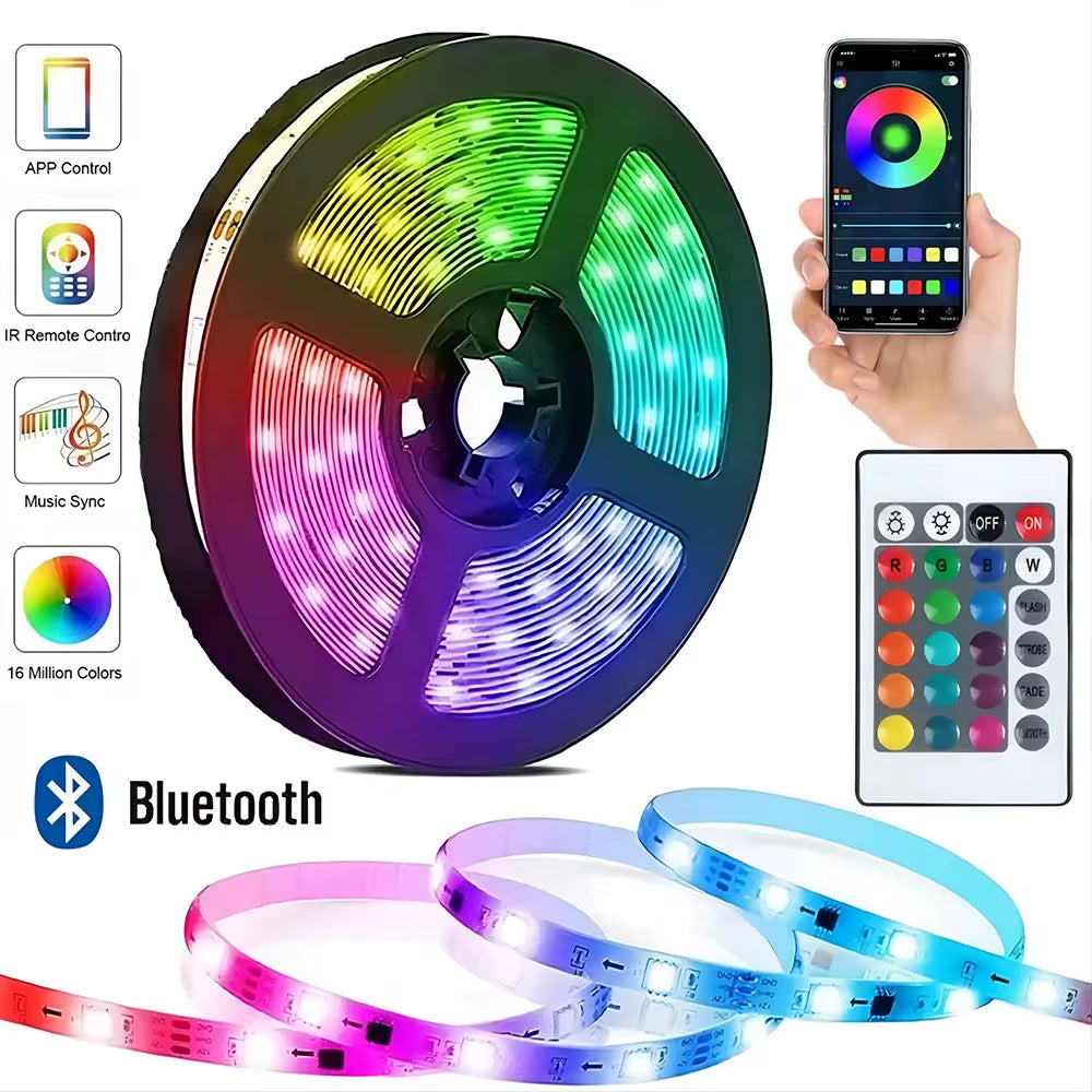 LED strip lights with Bluetooth control, app, remote, and color options displayed.