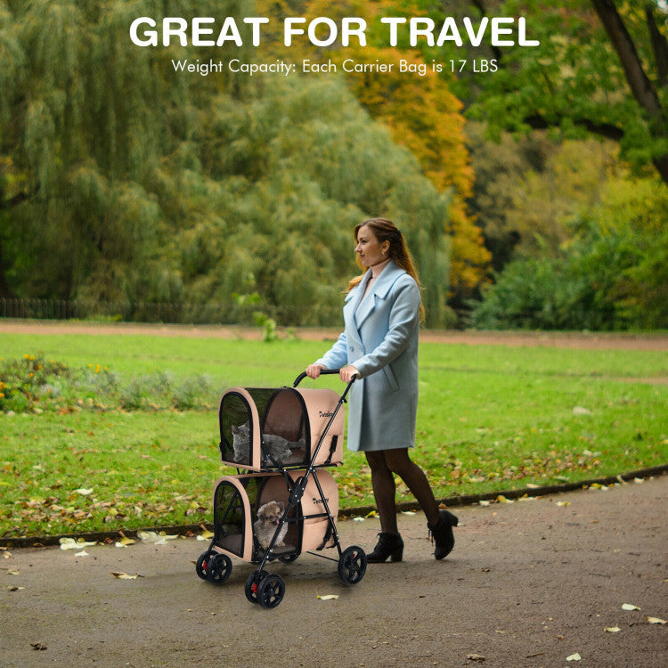 Double Pet Stroller with 2 Detachable Carriers | Foldable Frame