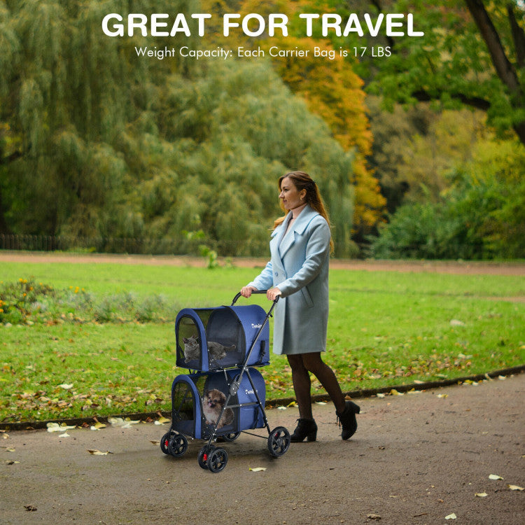 Double Pet Stroller with 2 Detachable Carriers | Foldable Frame