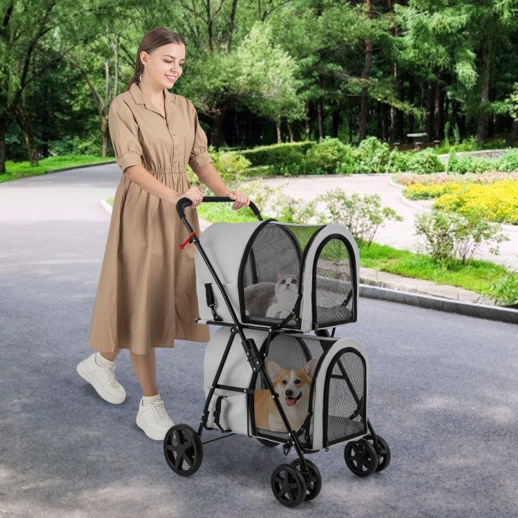 Double Pet Stroller with 2 Detachable Carriers | Foldable Frame