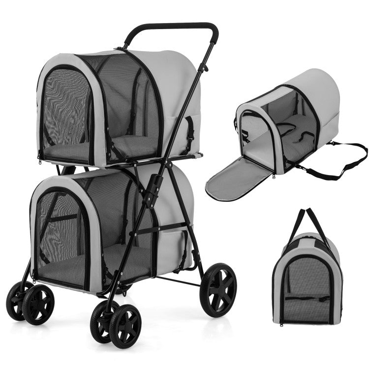 Double Pet Stroller with 2 Detachable Carriers | Foldable Frame