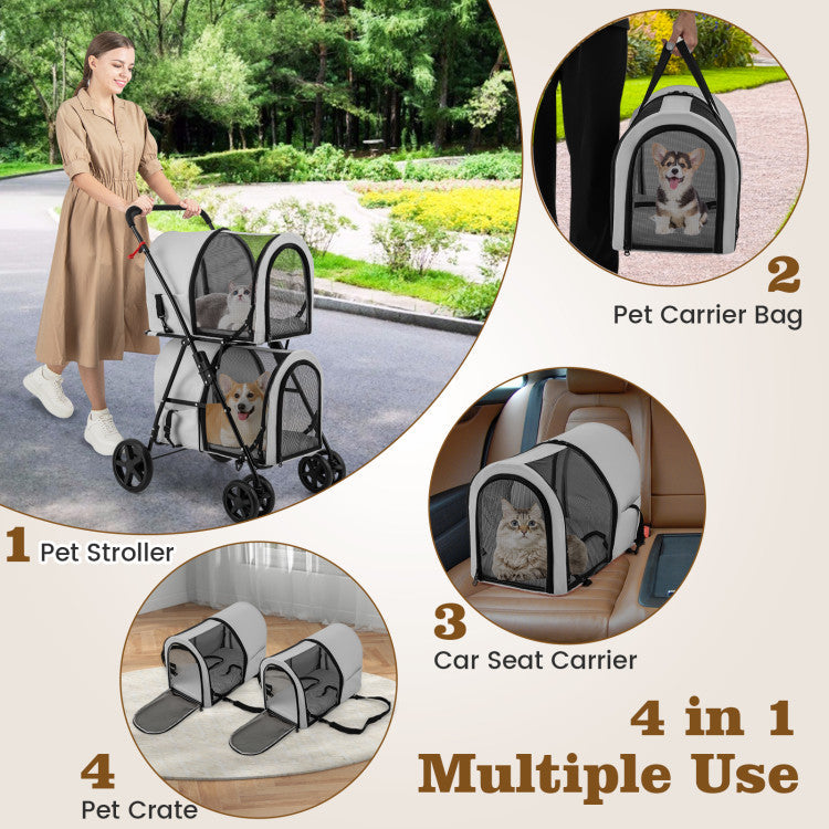 Double Pet Stroller with 2 Detachable Carriers | Foldable Frame