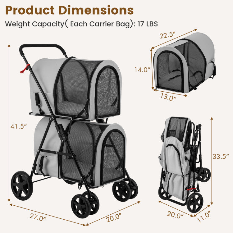 Double Pet Stroller with 2 Detachable Carriers | Foldable Frame