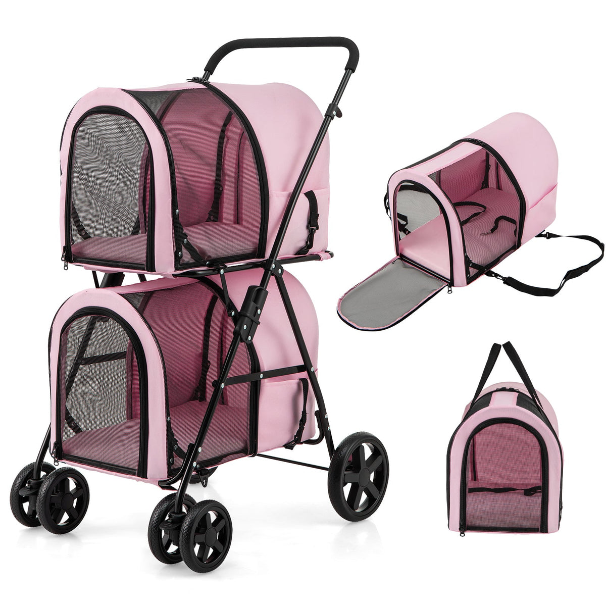 Double Pet Stroller with 2 Detachable Carriers | Foldable Frame