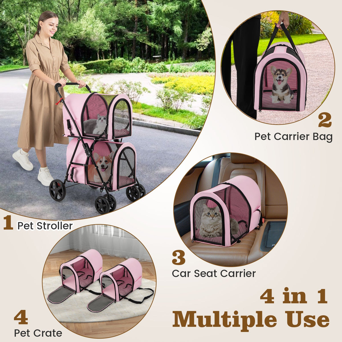 Double Pet Stroller with 2 Detachable Carriers | Foldable Frame