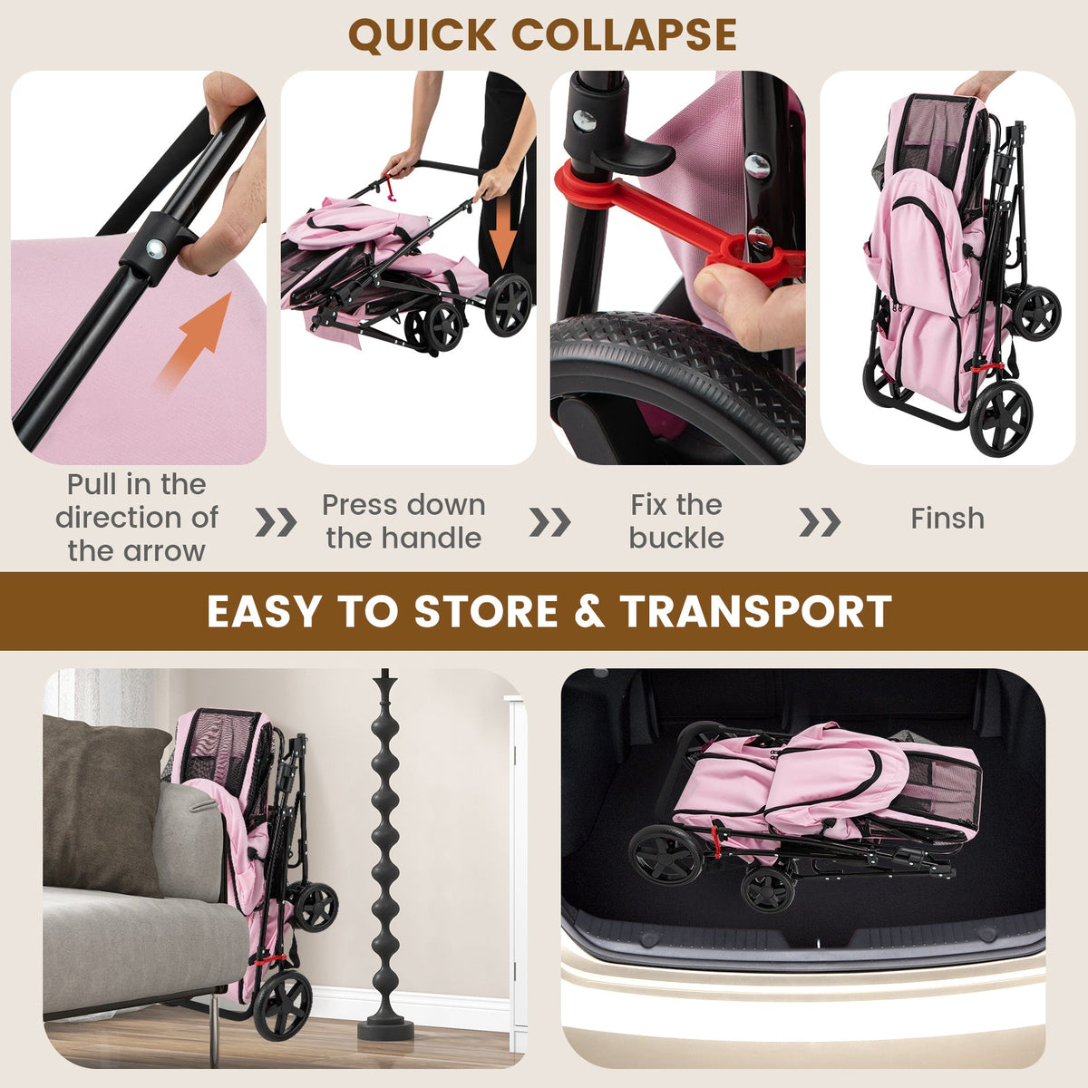Double Pet Stroller with 2 Detachable Carriers | Foldable Frame