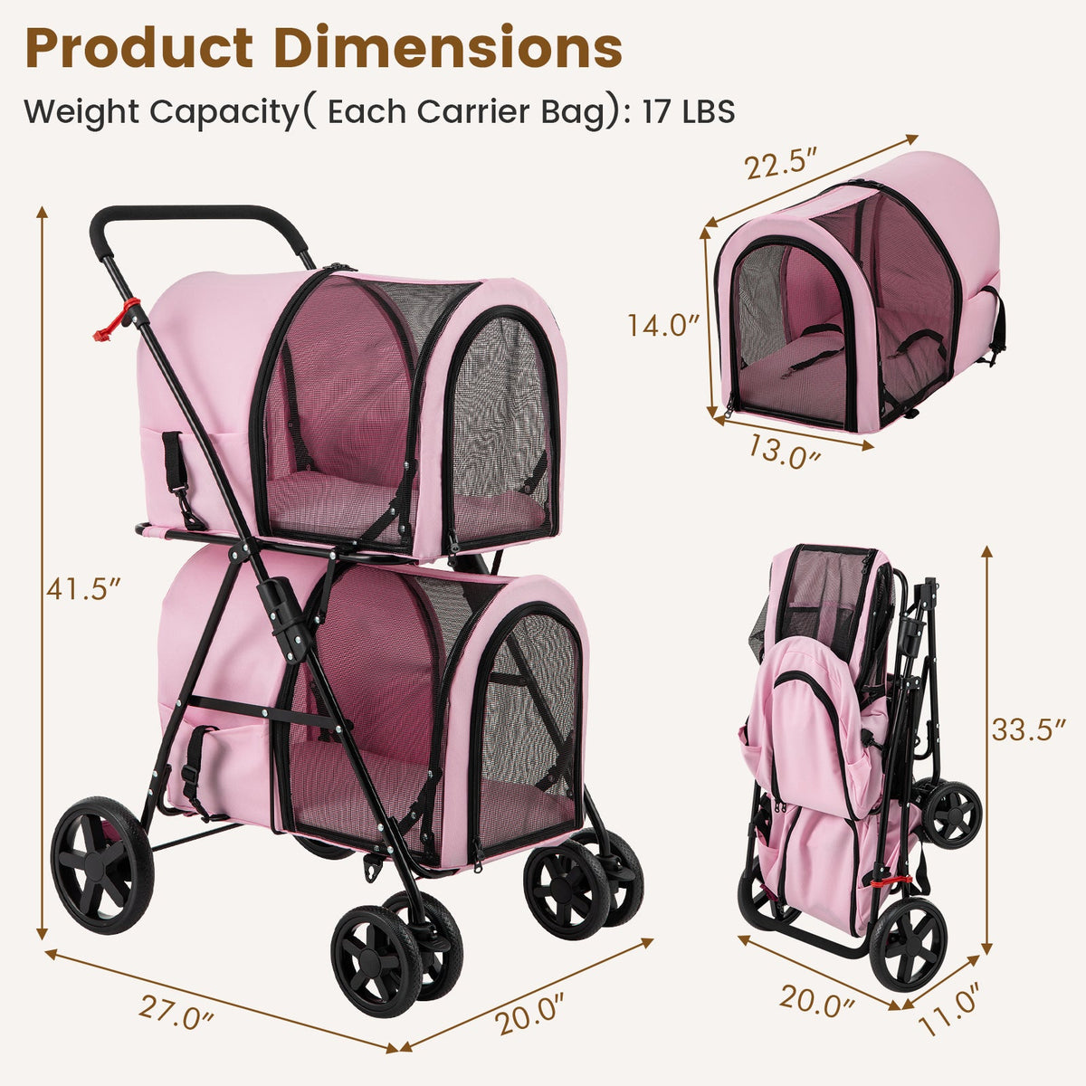 Double Pet Stroller with 2 Detachable Carriers | Foldable Frame