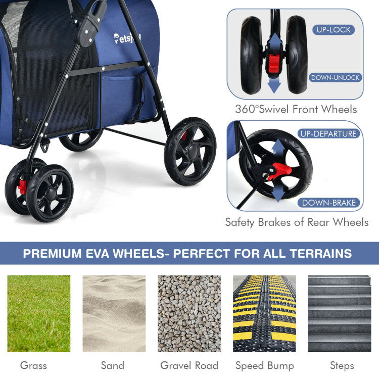 Double Pet Stroller with 2 Detachable Carriers | Foldable Frame