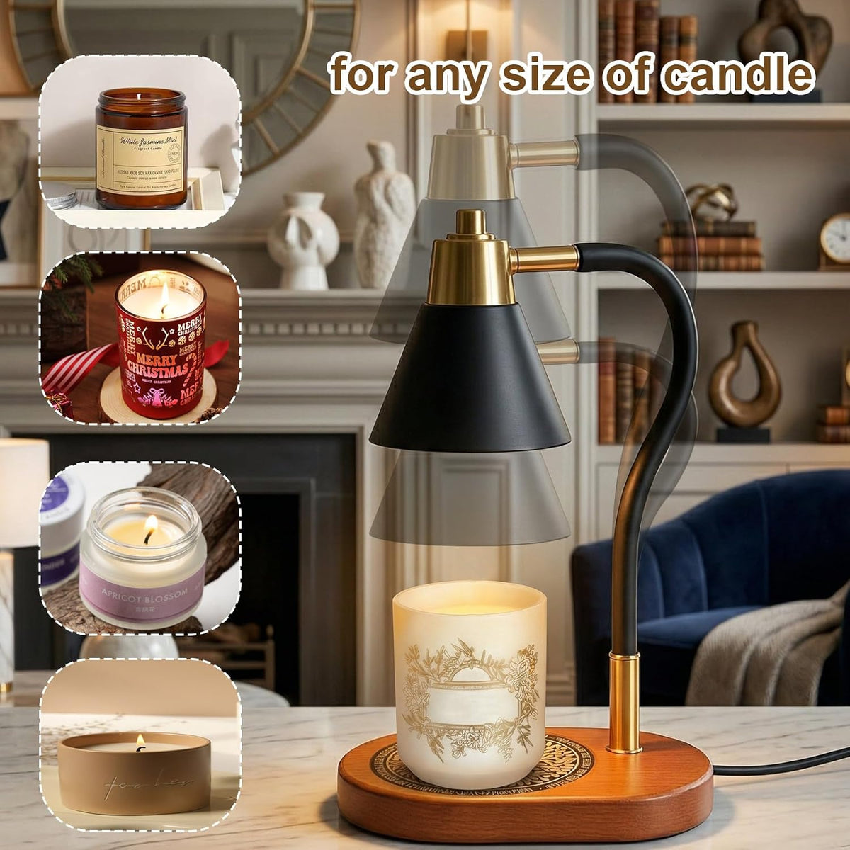 Candle Warmer Lamp with Timer, Black Metal Top down Candle Melter Lamp, Adjustable Heat Wax Lamp for Scented Candles, Wooden Base Top Heat Candle Warmer Lamp, Ideal Gift for Women Bedroom Home Decor