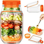 Glass jar with orange lid filled with a layered salad, including vegetables and meat, with additional jars and ingredients shown.
