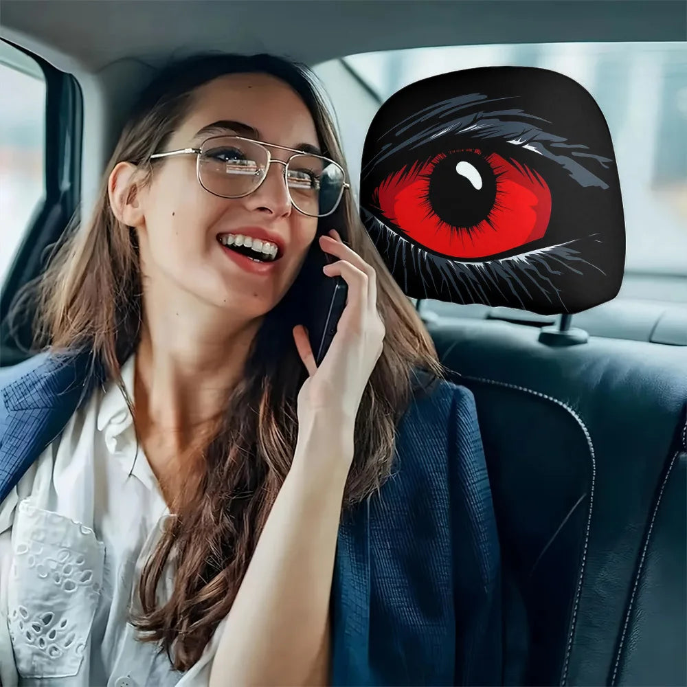 2 Pcs Red Devil'S Eye Car Headrest Covers - Red and Black Gothic Design, Washable, Suitable for General Motors Vehicles