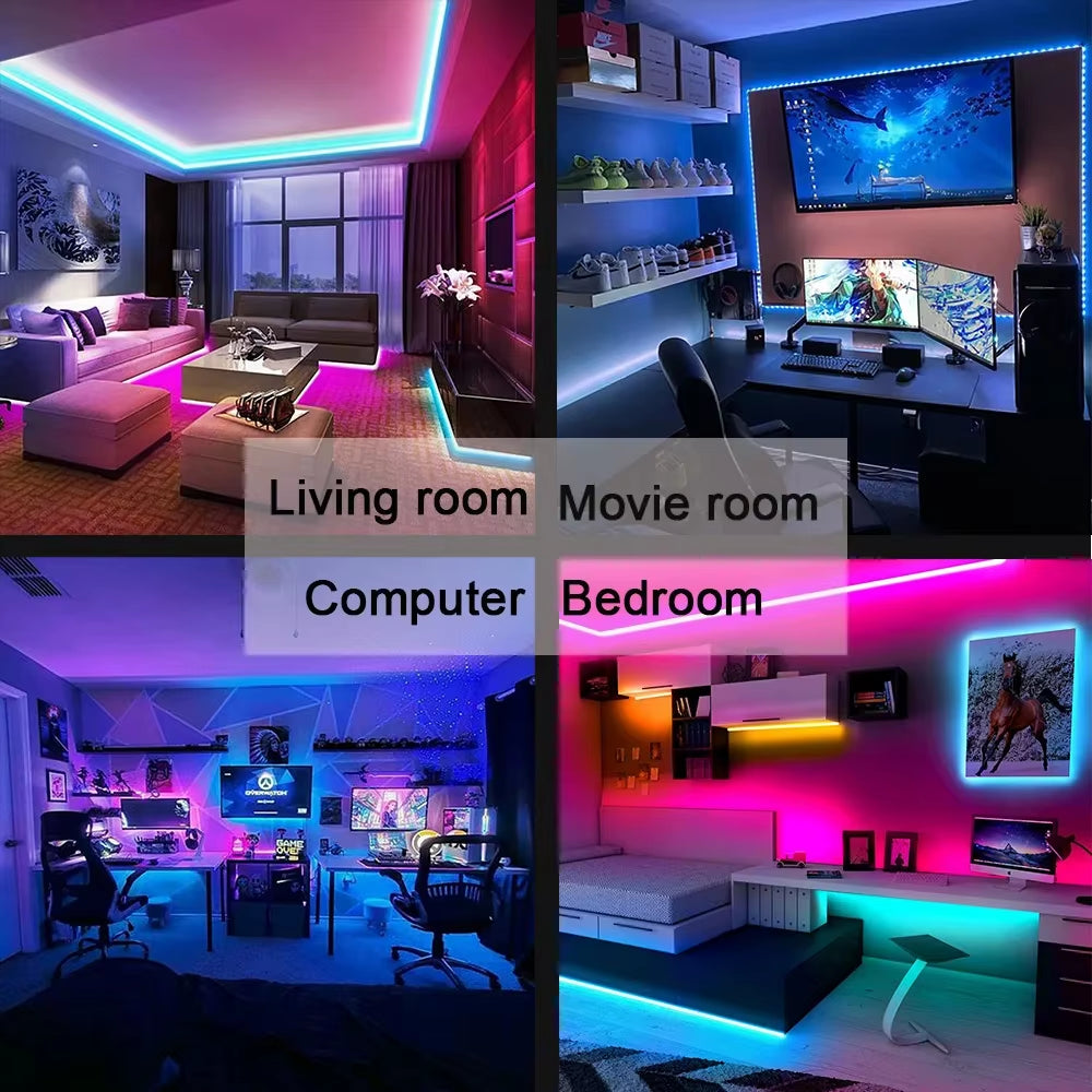 Collage of different room settings with LED strip lights: living room, movie room, computer room, and bedroom.