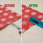 Before and after comparison of red paper with white snowflakes, scissors, and a green Wrapping Paper Cutter.