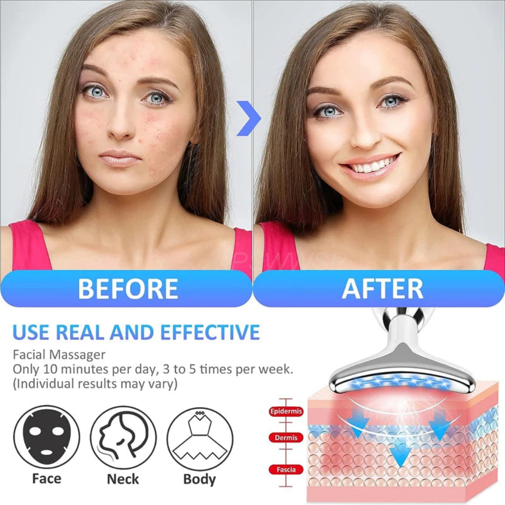 Before and after comparison of a facial with a product labeled 'Real and Effective' on a gray background.