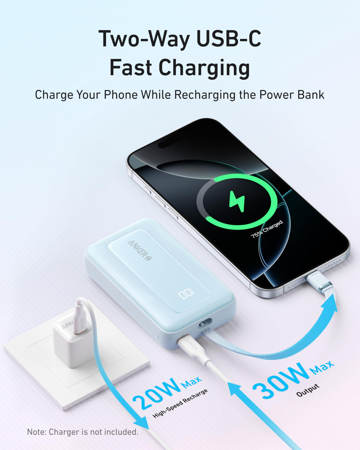 Anker Zolo Power Bank (10K, 30W) with a 5.4-inch (13.7 cm) built-in USB-C cable