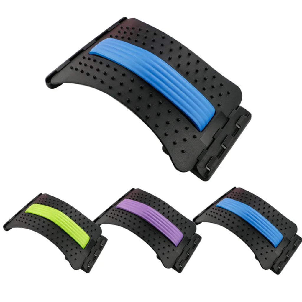 Black Lumbar Stretcher with blue, green, and purple resistance bands on a white background