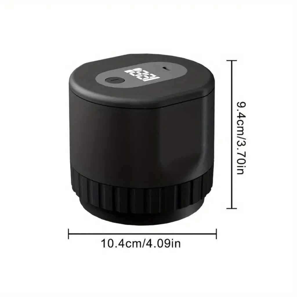 Black Mason Jar Vacuum Sealer device with digital display and measurement details on a white background