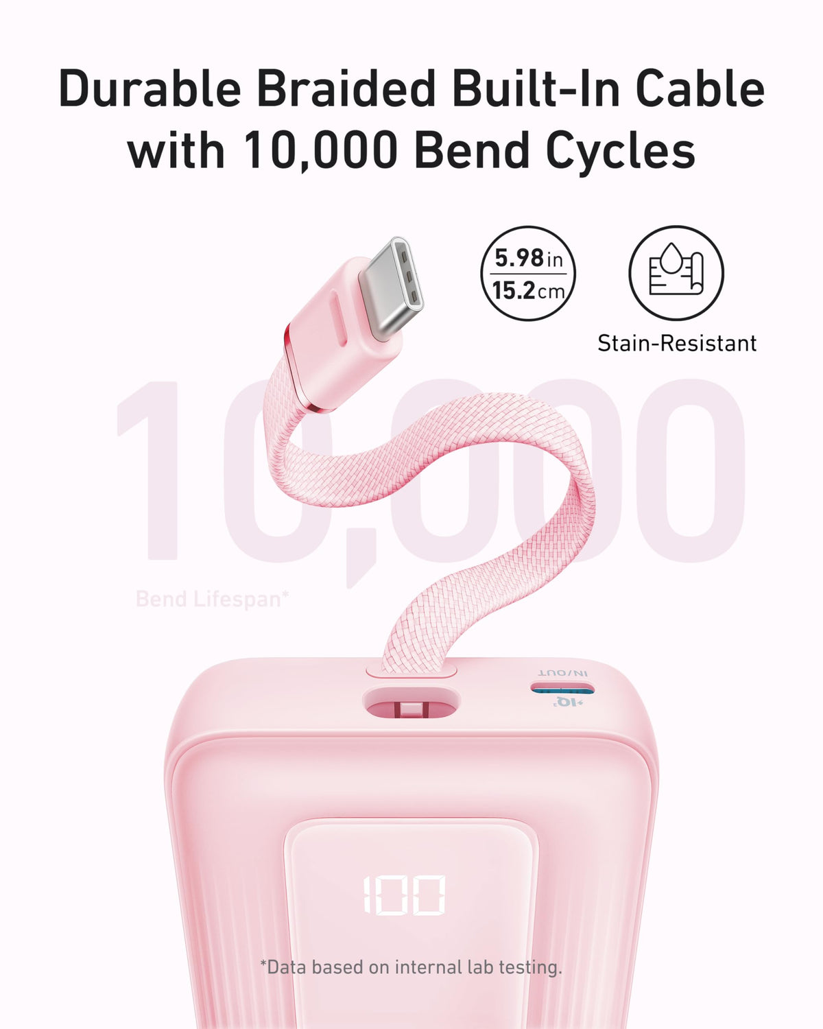 Anker Zolo Power Bank (10K, 30W) with a 5.4-inch (13.7 cm) built-in USB-C cable