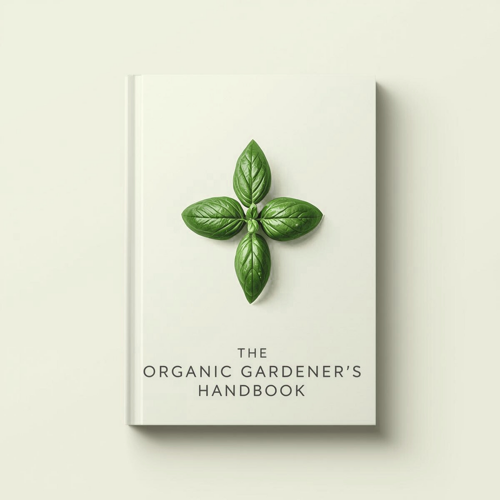 Book titled 'The Organic Gardener's Handbook' with a green leaf on a light beige background