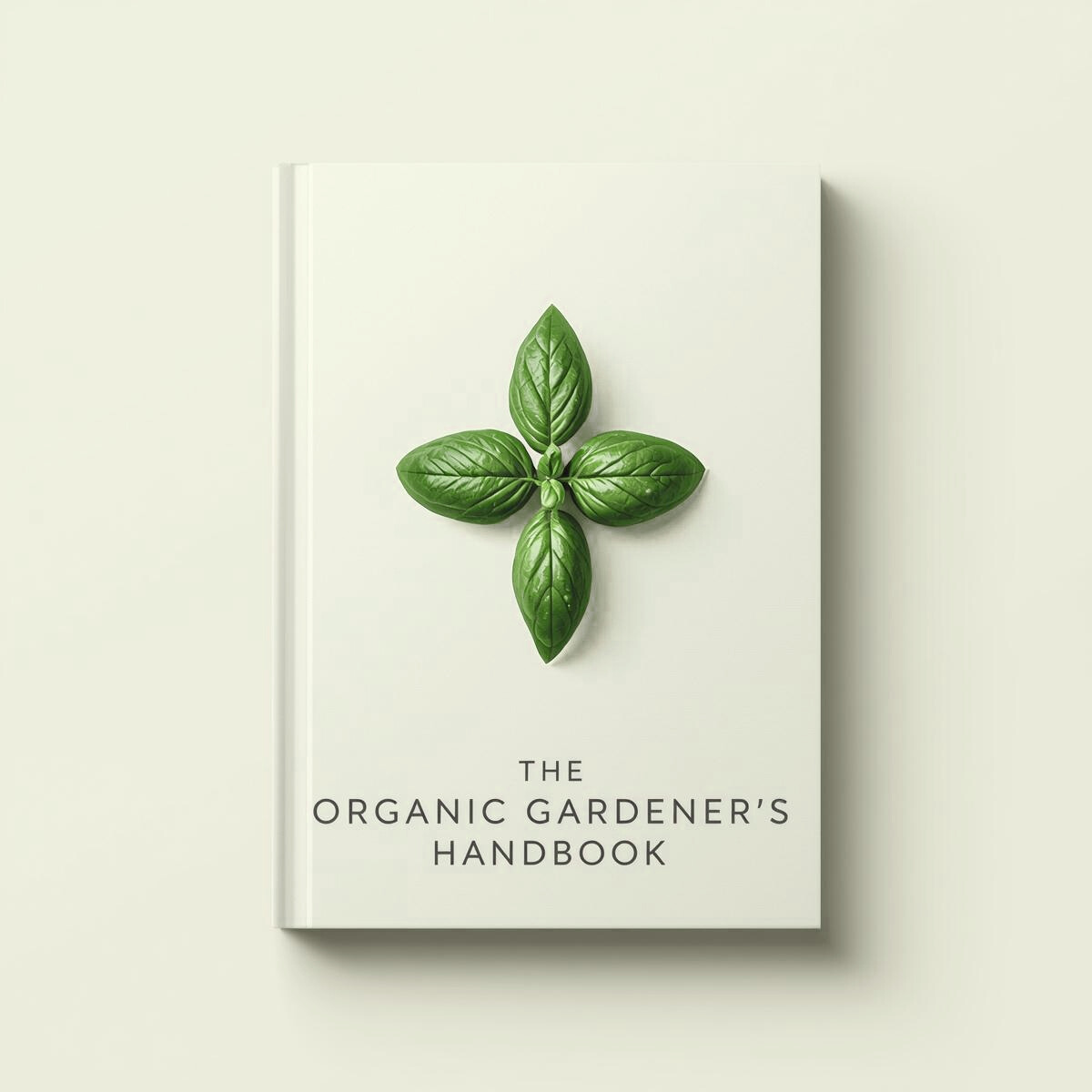 Book titled 'The Organic Gardener's Handbook' with a green leaf on a light beige background