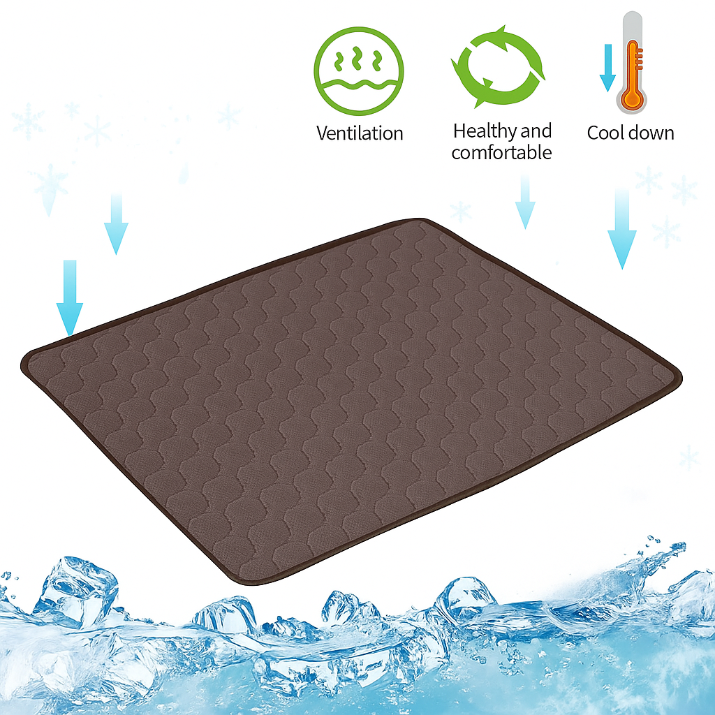 Brown mat with cooling properties depicted, surrounded by ice cubes and water droplets.