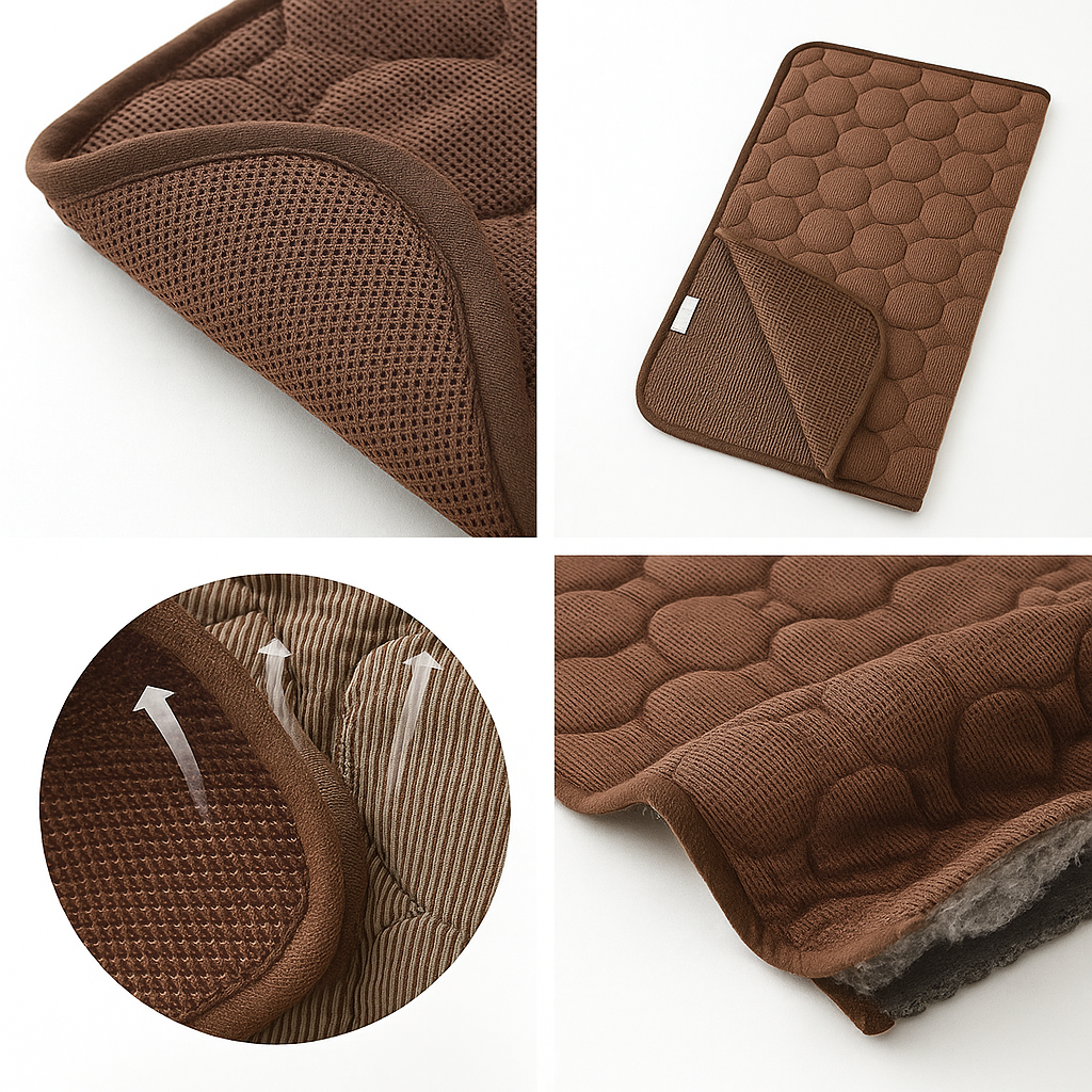 Brown quilted mat with textured surface and folded design on a white background
