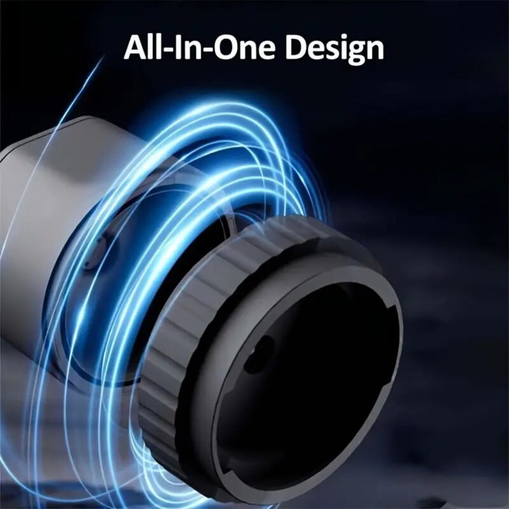Close-up of a cylindrical device with blue light effects on a dark background, labeled 'All-In-One Design'.